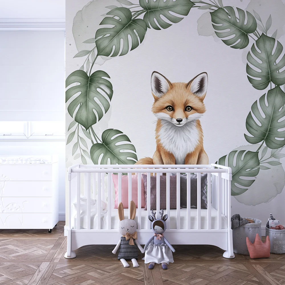 Papel de parede quarto bebê | Симпатична лисица, заобиколена от тропическо листва
