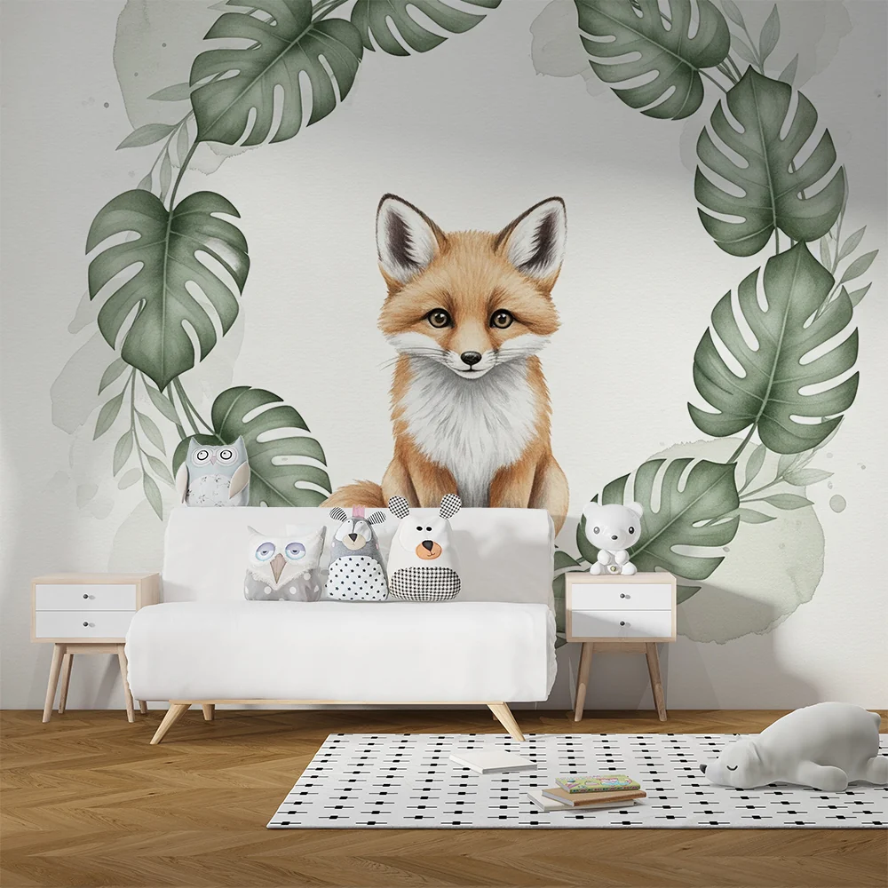 Papel de parede quarto bebê | Симпатична лисица, заобиколена от тропическо листва