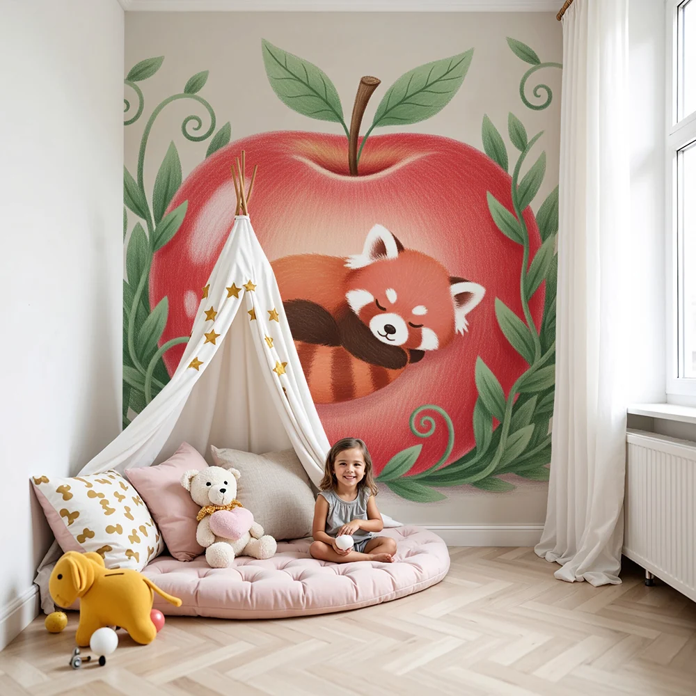 Papel de parede quarto bebê | Малък червен панда заспива в ябълка