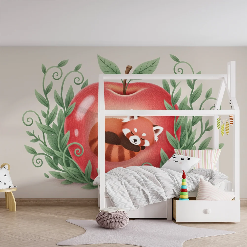 Papel de parede quarto bebê | Малък червен панда заспива в ябълка