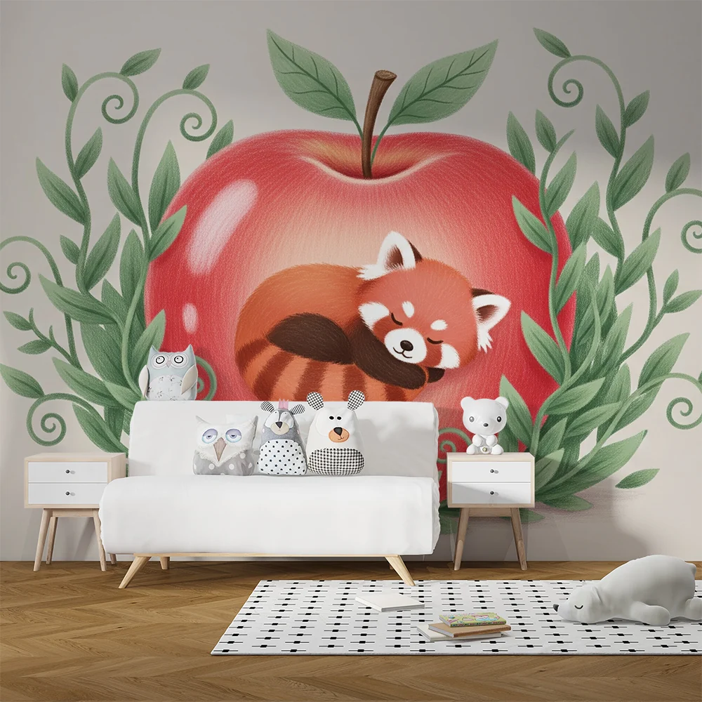Papel de parede quarto bebê | Малък червен панда заспива в ябълка
