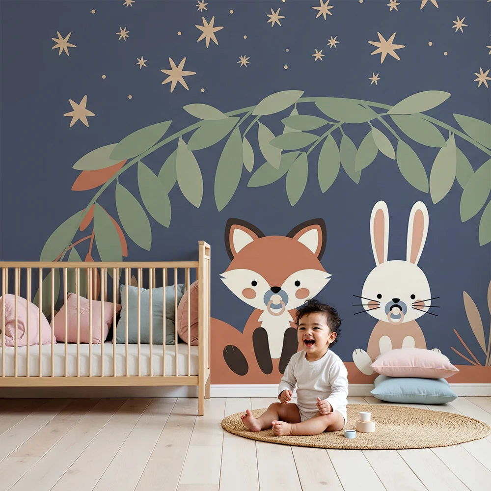 Papel de parede quarto bebê | Лисица и заек под звездите в нощния син фон