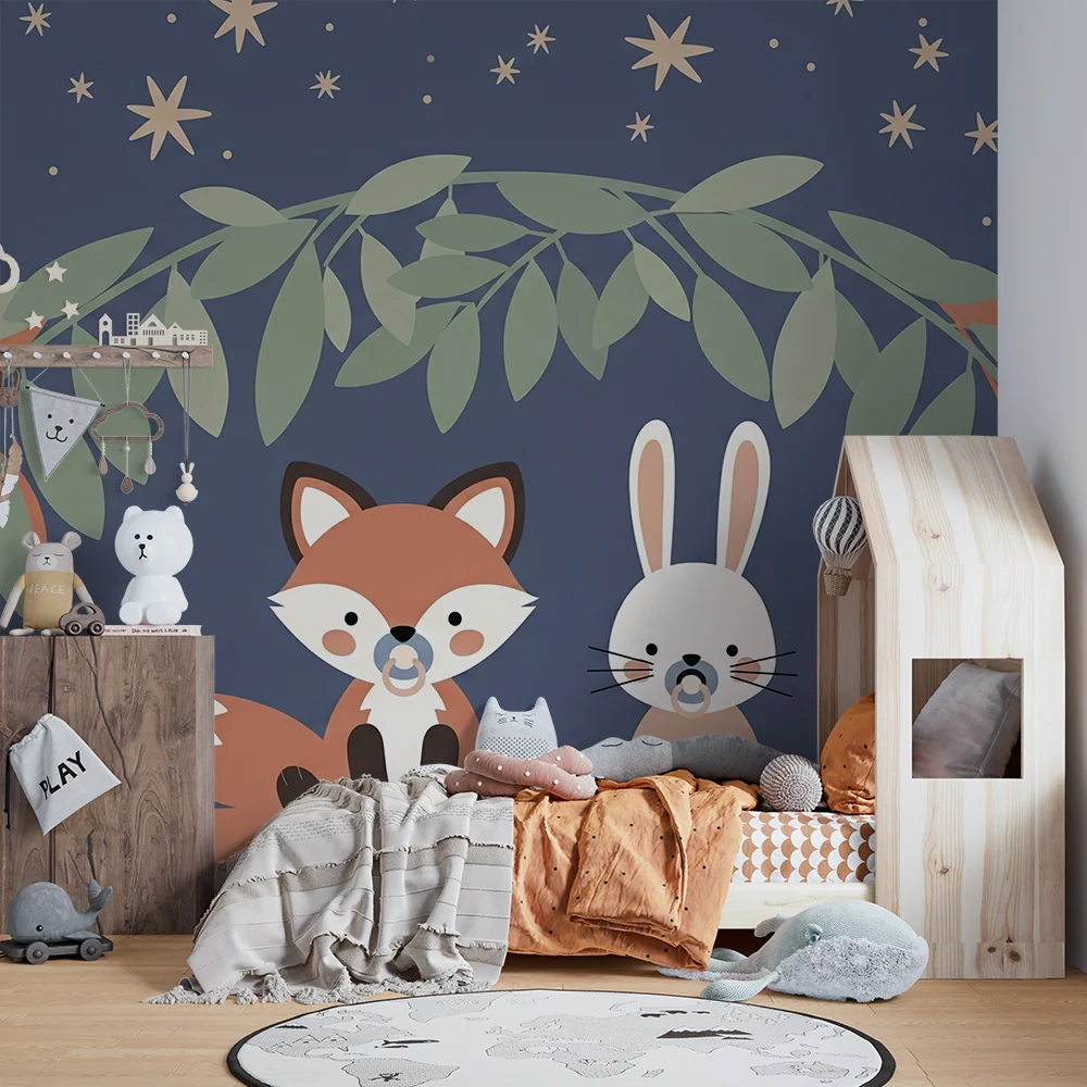 Papel de parede quarto bebê | Лисица и заек под звездите в нощния син фон