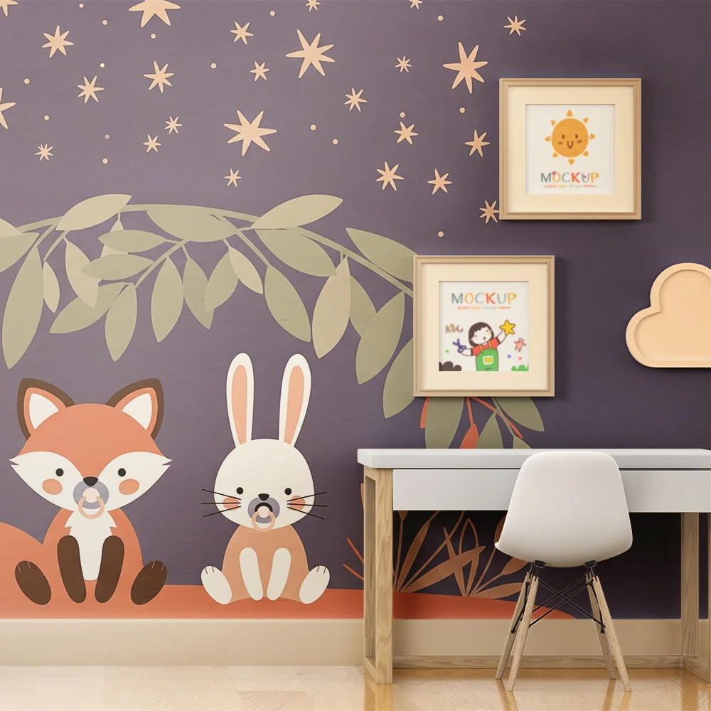 Papel de parede quarto bebê | Лисица и заек под звездите в нощния син фон