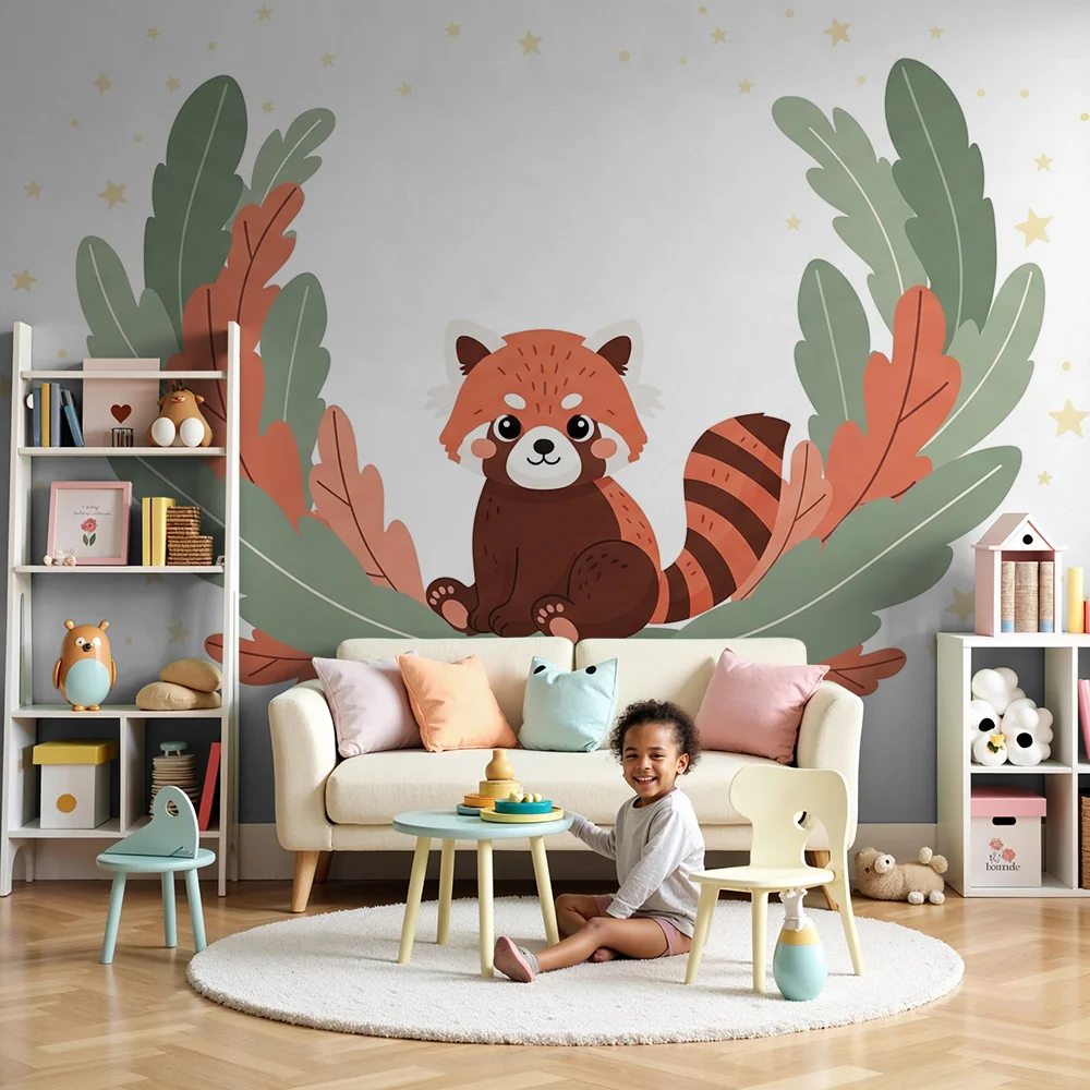 Papel de parede quarto bebê | Малък червен панда в цветна рамка