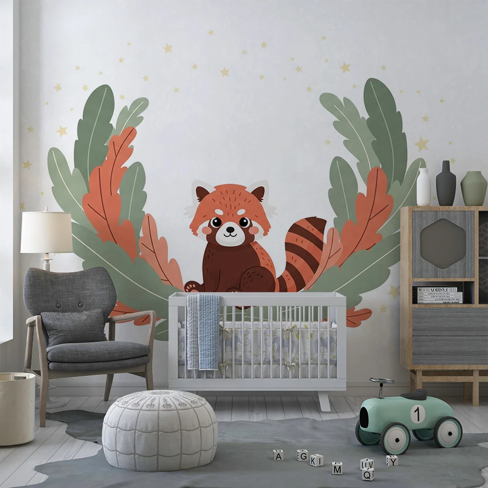 Papel de parede quarto bebê | Малък червен панда в цветна рамка
