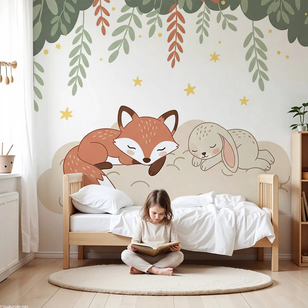 Papel de parede quarto bebê | Спяща лисица и заек под звездите