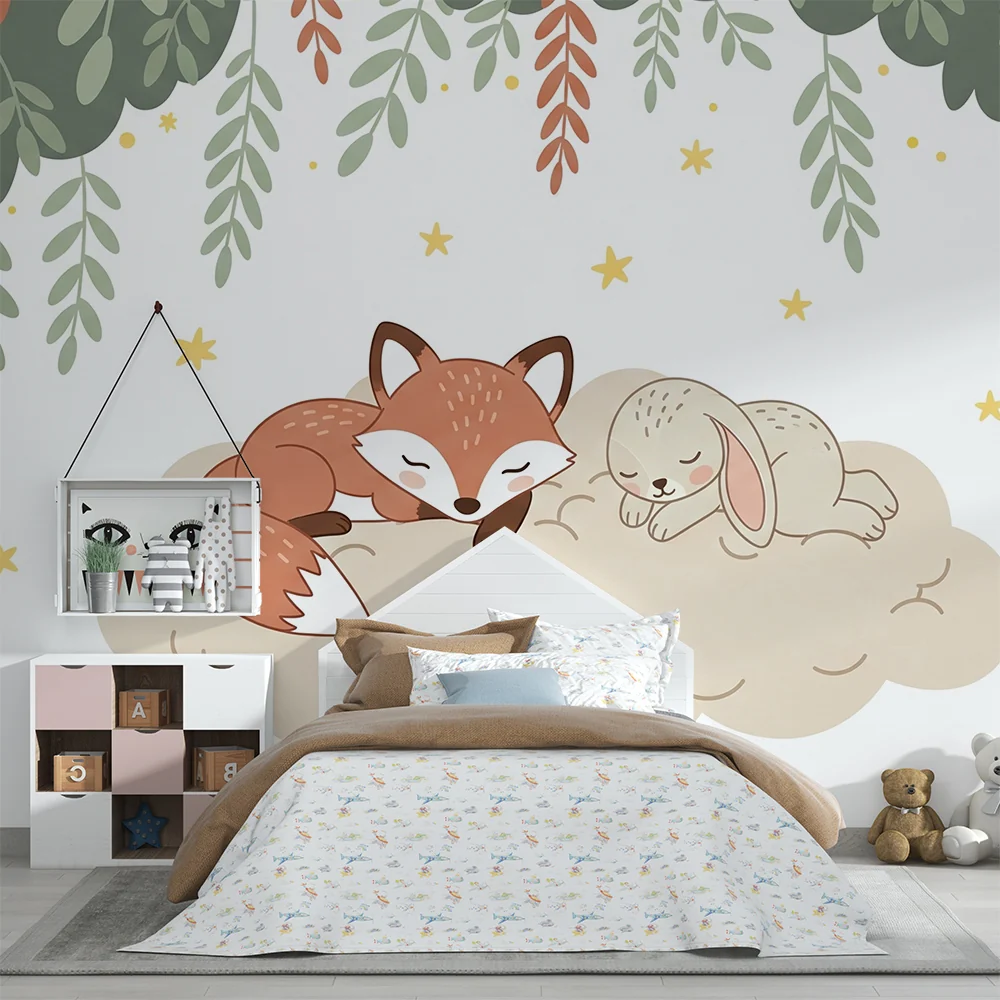 Papel de parede quarto bebê | Спяща лисица и заек под звездите