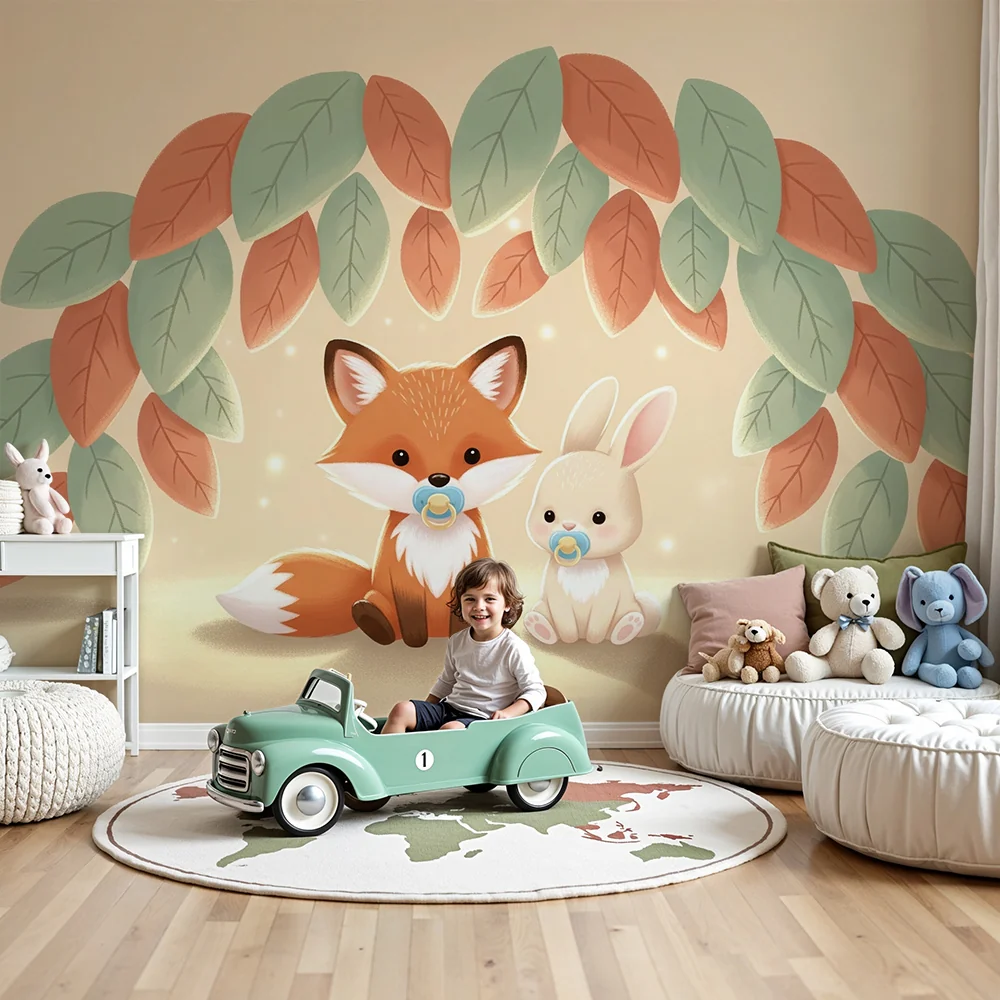 Papel de parede quarto bebê | Сладък лисица и заек под листа