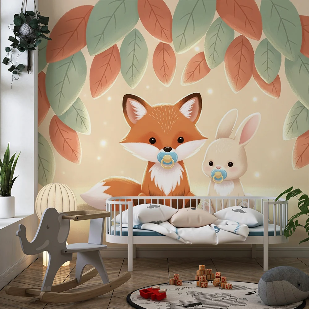 Papel de parede quarto bebê | Сладък лисица и заек под листа