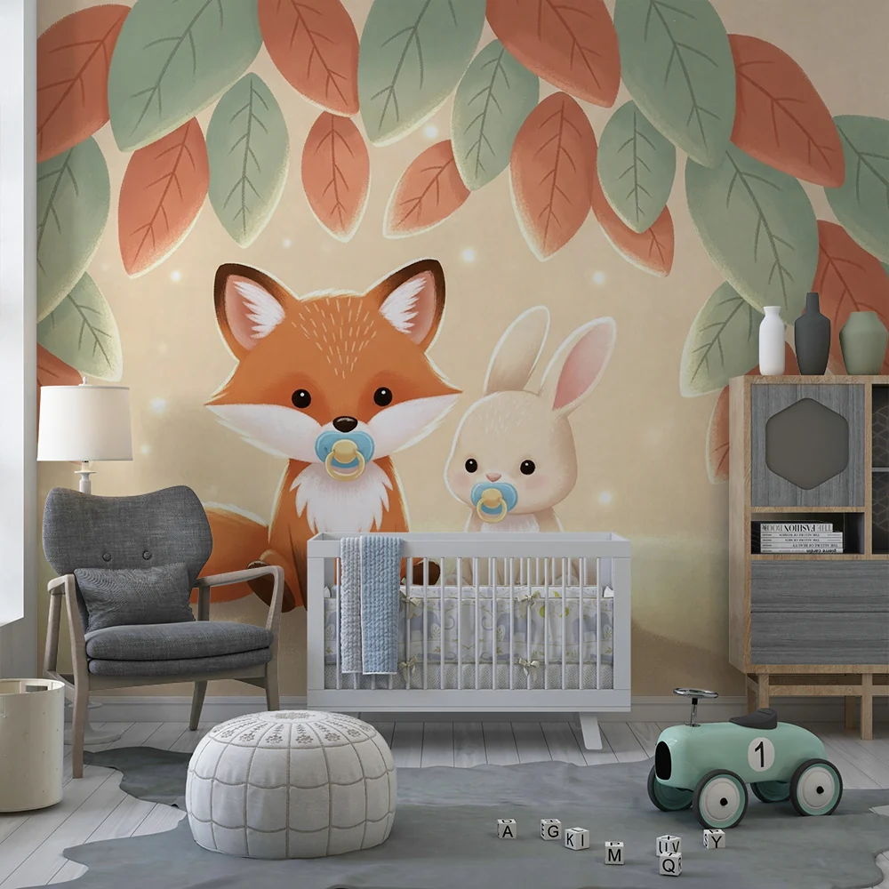 Papel de parede quarto bebê | Сладък лисица и заек под листа