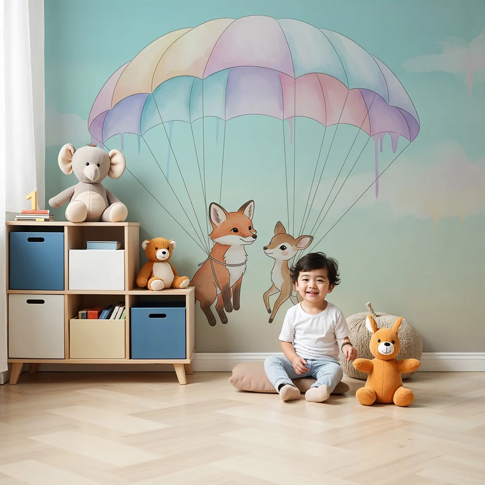 Papel de parede quarto bebê | Лисица и еленче с парашут