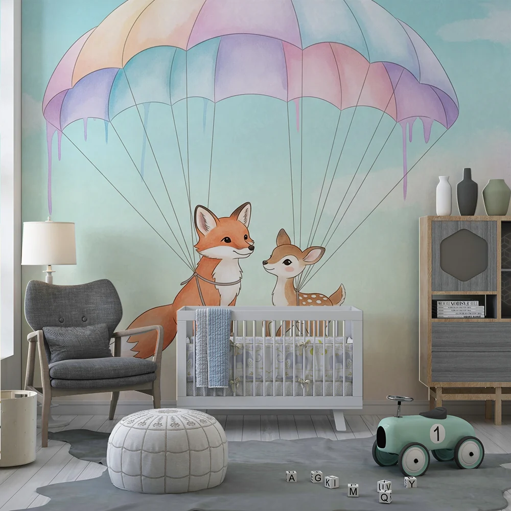 Papel de parede quarto bebê | Лисица и еленче с парашут