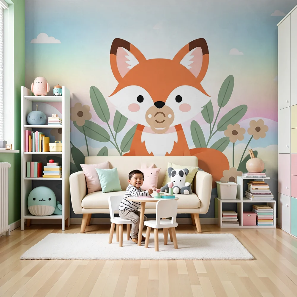 Papel de parede quarto bebê | Сладък лис и цветя