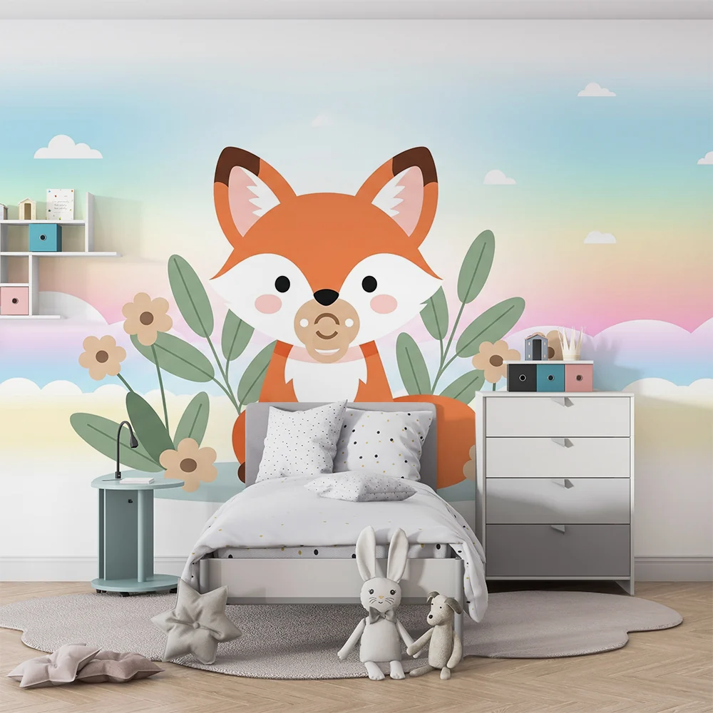 Papel de parede quarto bebê | Сладък лис и цветя