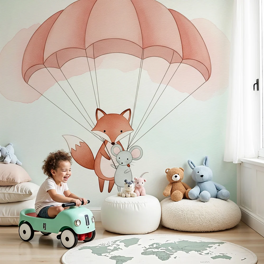 Papel de parede quarto bebê | Лисица и мишка с парашут