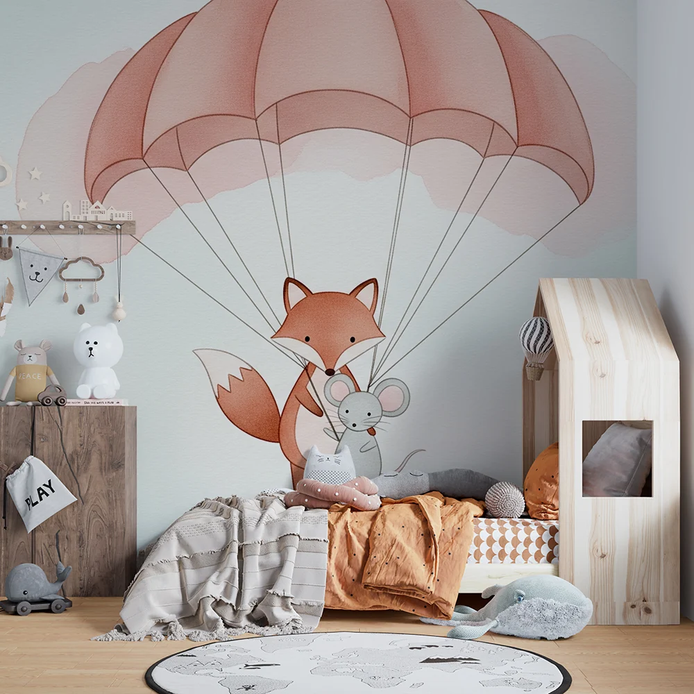 Papel de parede quarto bebê | Лисица и мишка с парашут