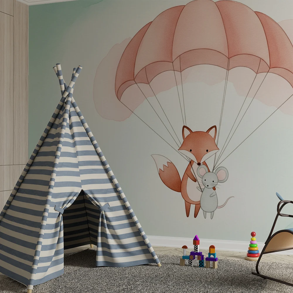 Papel de parede quarto bebê | Лисица и мишка с парашут