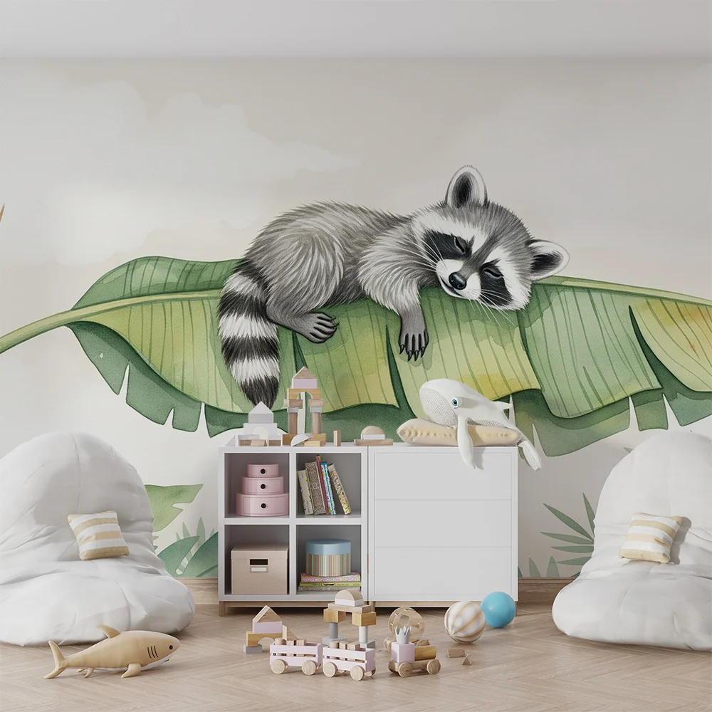 Papel de parede quarto bebê | Спяща енотна на лист