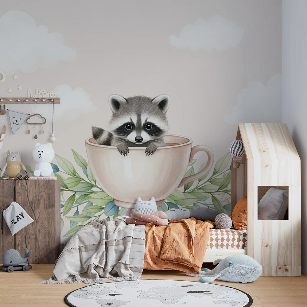 Papel de parede quarto bebê | Симпатична енот във чаша
