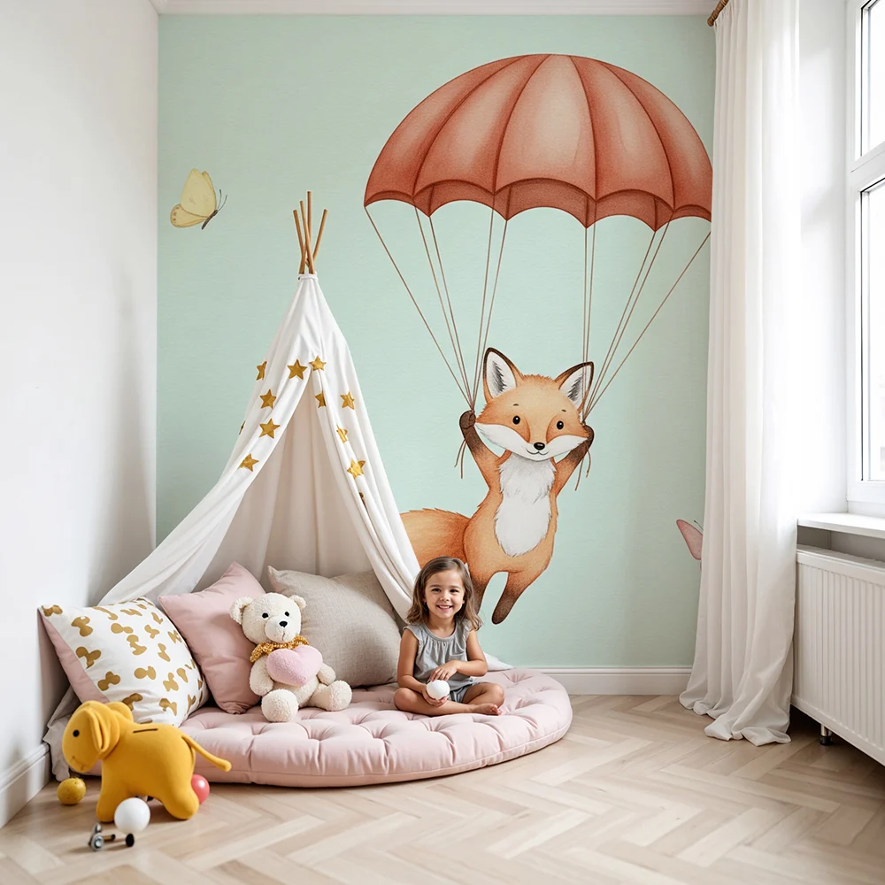 Papel de parede quarto bebê | Лисица в облаците и цветни пеперуди