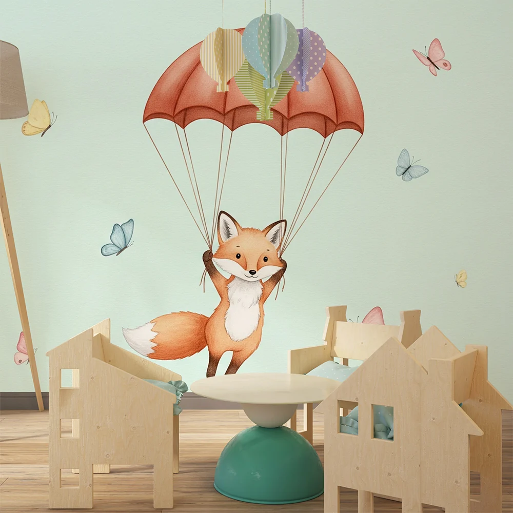 Papel de parede quarto bebê | Лисица в облаците и цветни пеперуди