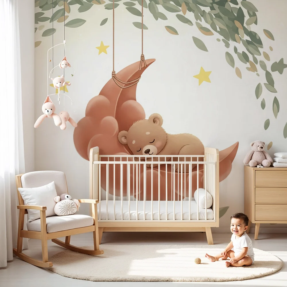 Papel de parede quarto bebê | Спящ мечо на облак