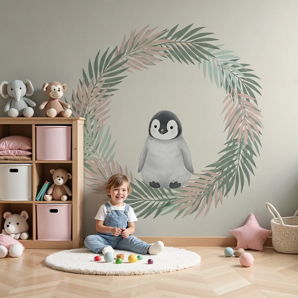 Papel de parede quarto bebê | Симпатичен пингвин, заобиколен от листа