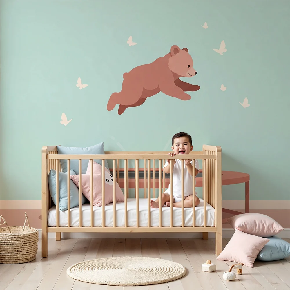 Papel de parede quarto bebê | Мечка, скочила сред пеперудите