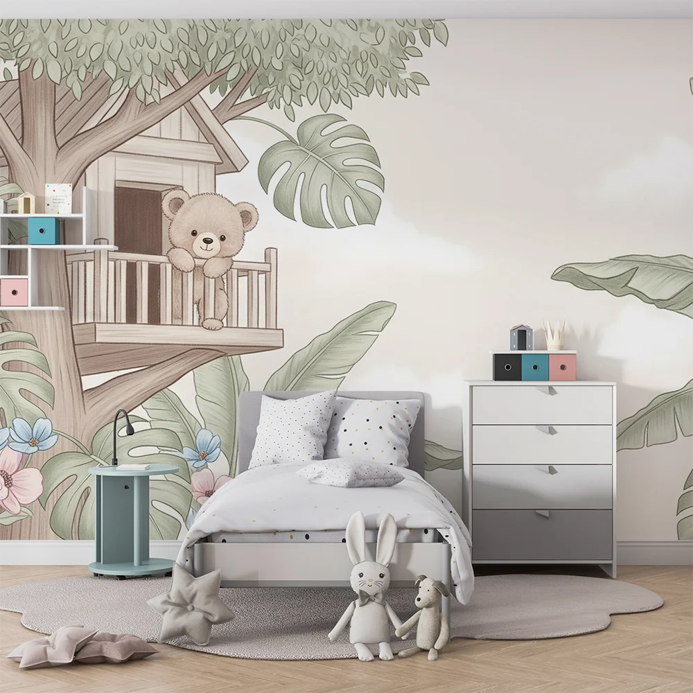 Papel de parede quarto bebê | Симпатичен мечо в къщичка на дървета