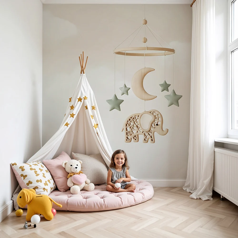 Papel de parede quarto bebê | Мобиле слон и звездно небе