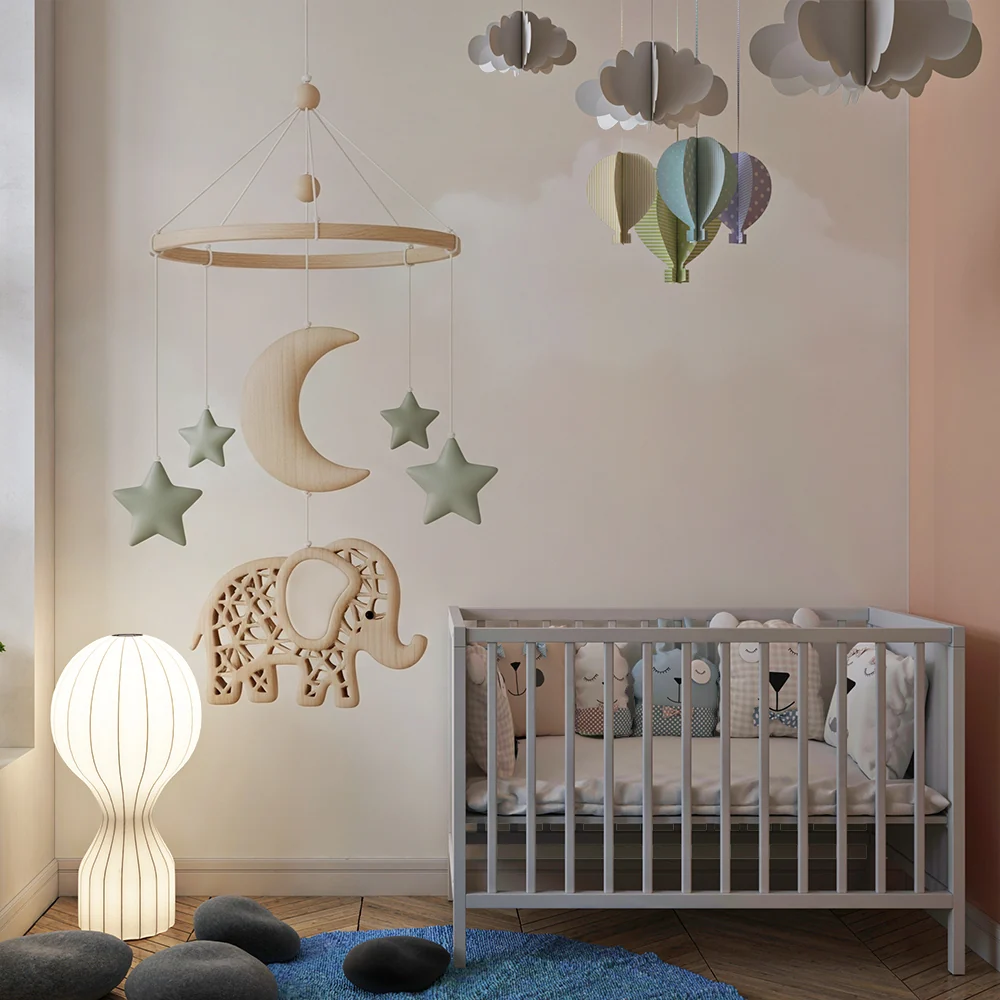 Papel de parede quarto bebê | Мобиле слон и звездно небе