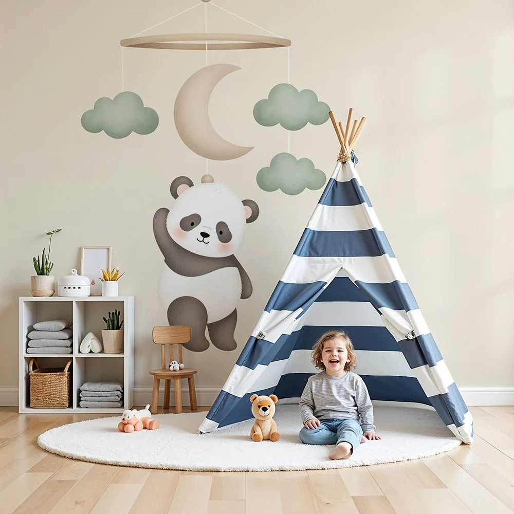 Papel de parede quarto bebê | Подвесен панда и нежни облаци
