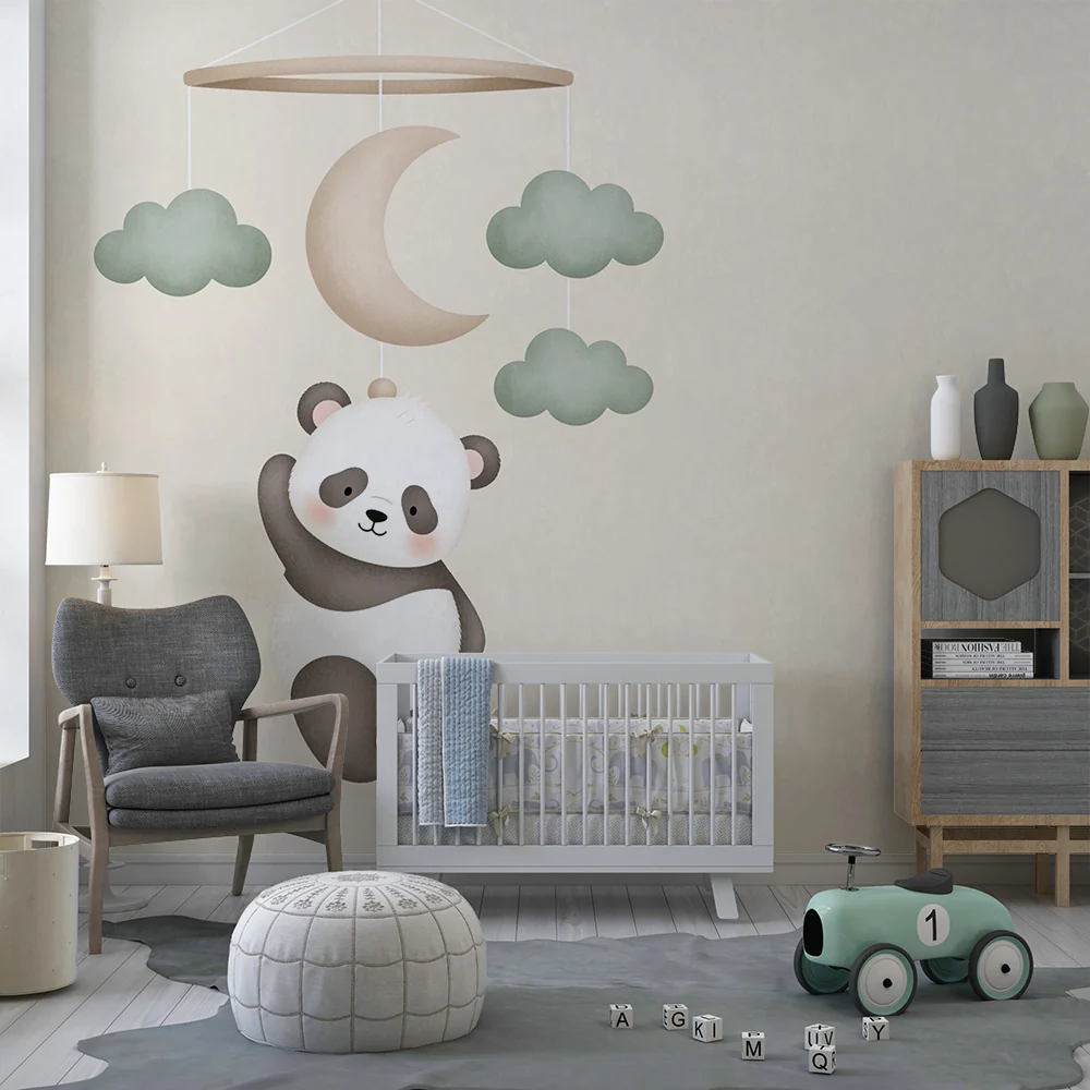 Papel de parede quarto bebê | Подвесен панда и нежни облаци