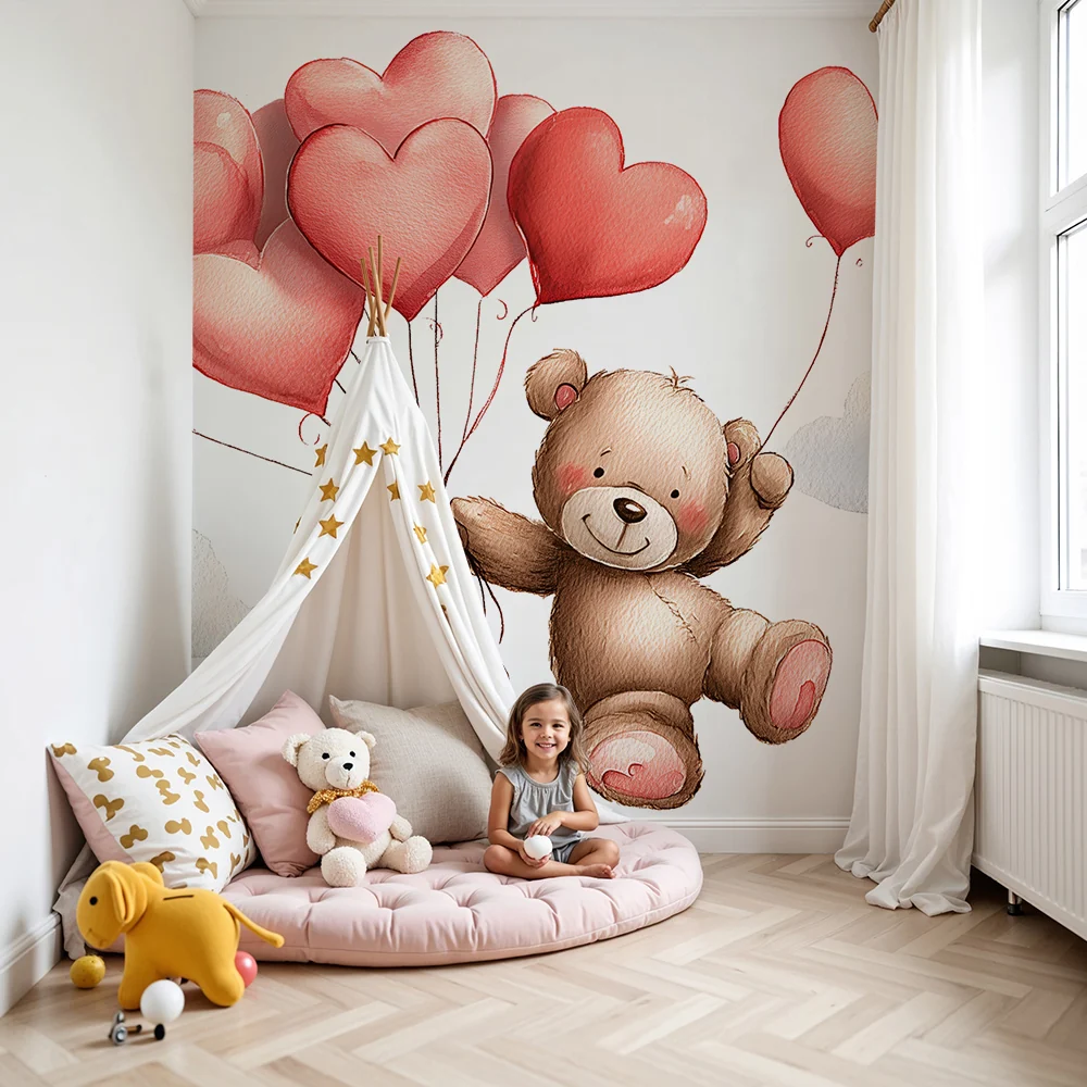 Papel de parede quarto bebê | Летящ мечка със сърца и балони