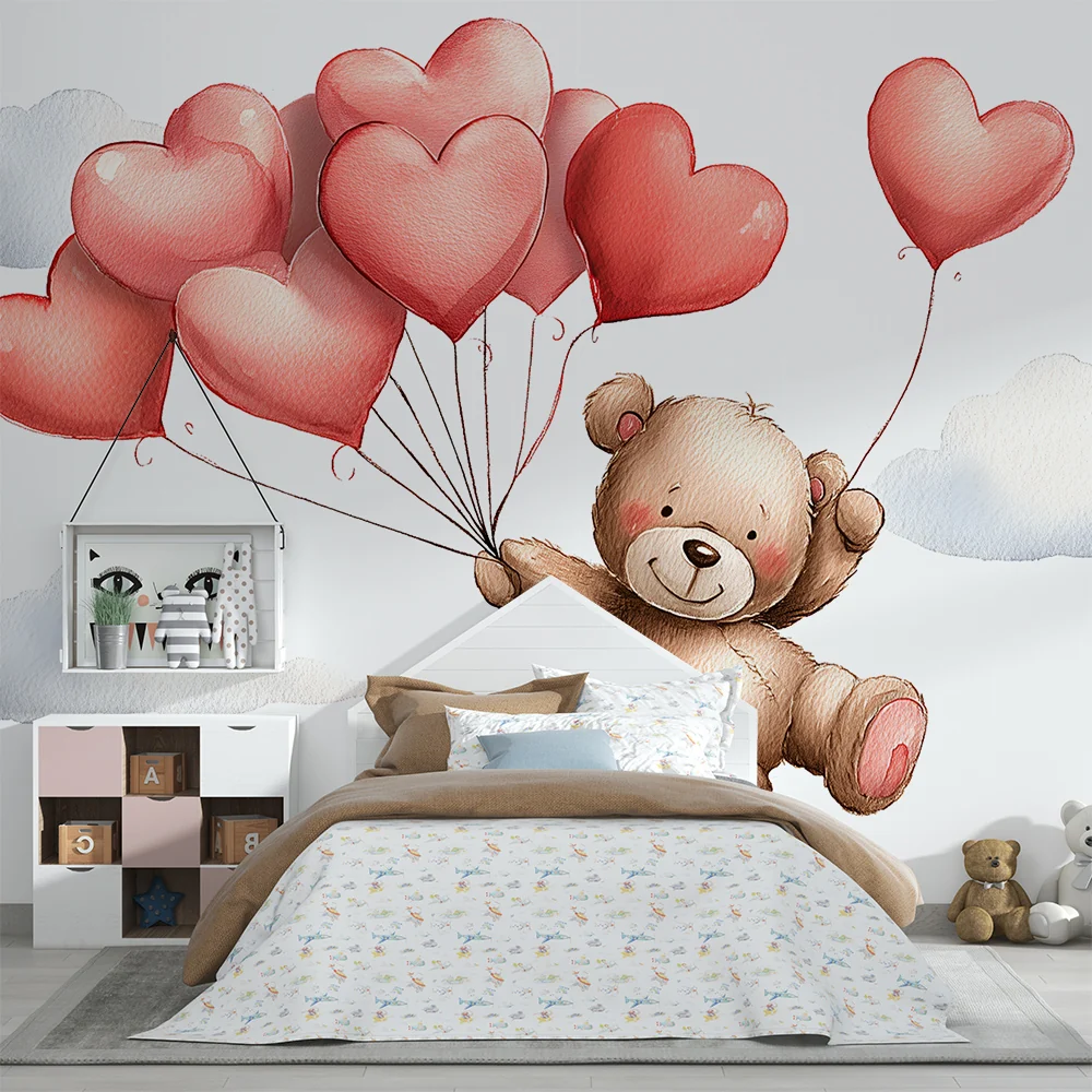 Papel de parede quarto bebê | Летящ мечка със сърца и балони