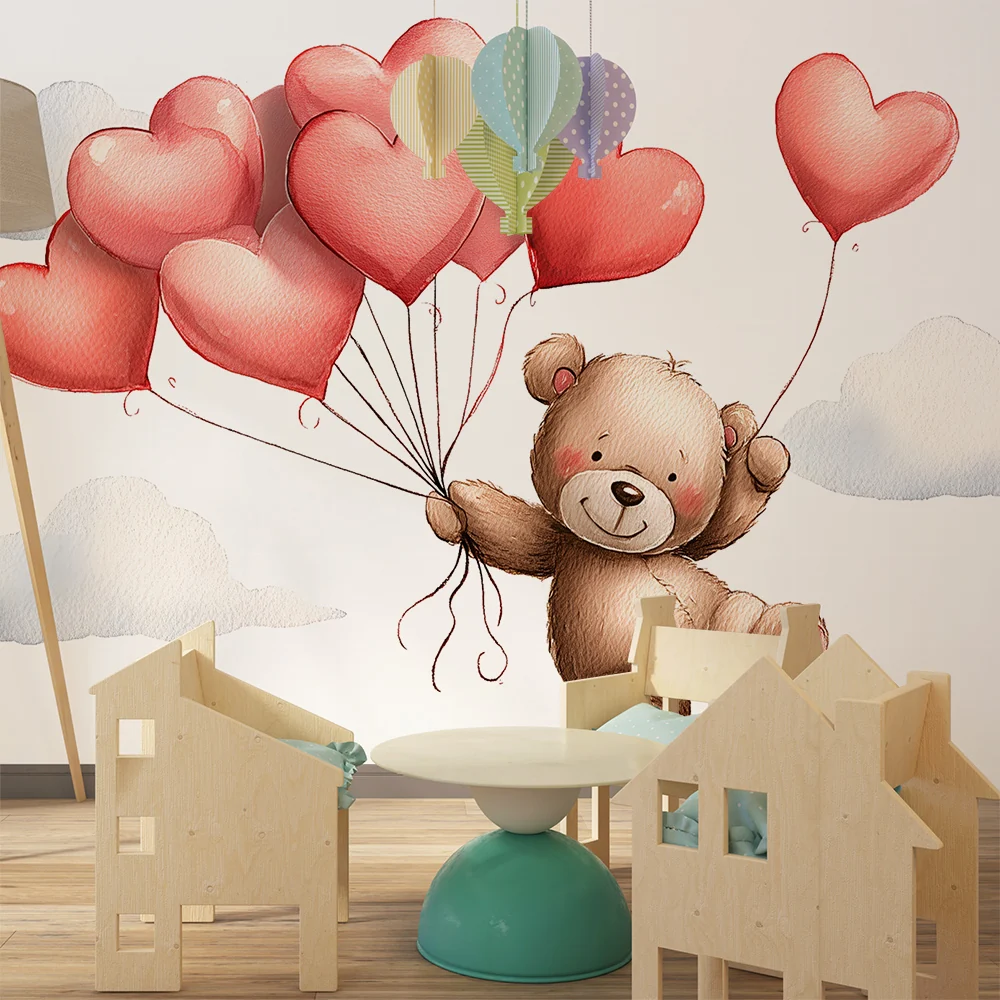 Papel de parede quarto bebê | Летящ мечка със сърца и балони