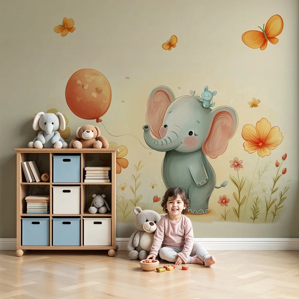 Papel de parede quarto bebê | Елегантен слон и весели цветя