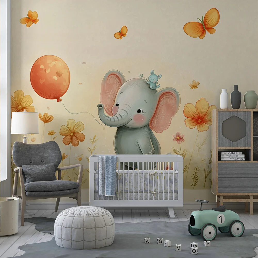 Papel de parede quarto bebê | Елегантен слон и весели цветя