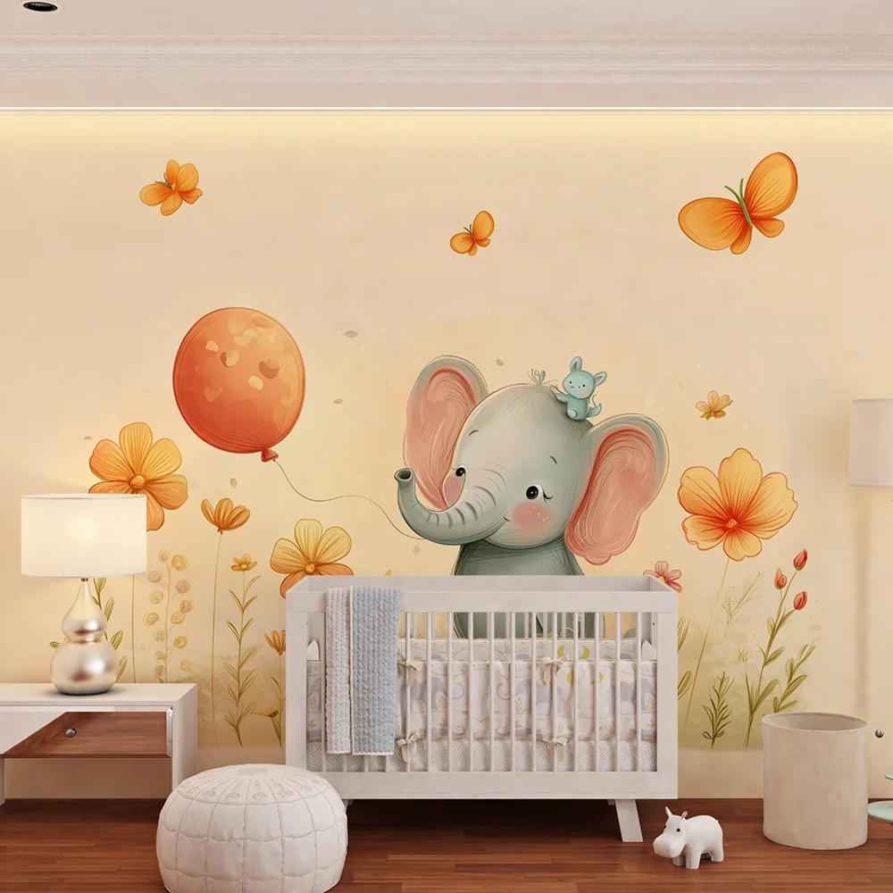 Papel de parede quarto bebê | Елегантен слон и весели цветя
