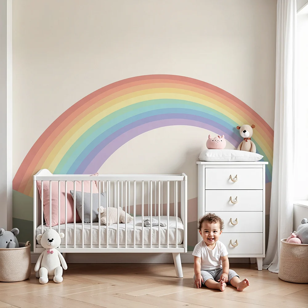 Papel de parede quarto bebê | Пастелената дъга върху нежна пейзаж