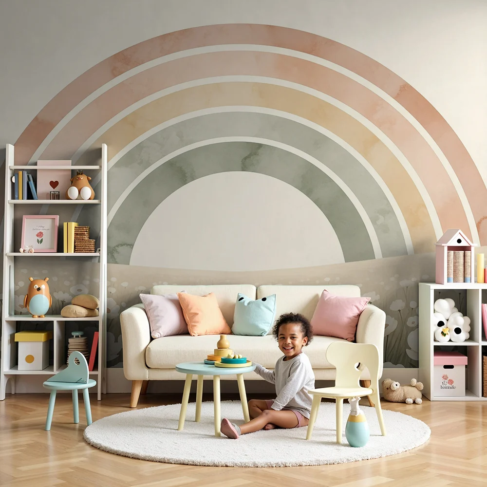 Papel de parede quarto bebê | Пастелен дъга върху нежно поле с цветя