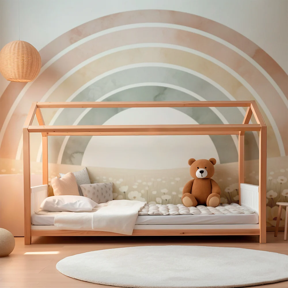 Papel de parede quarto bebê | Пастелен дъга върху нежно поле с цветя