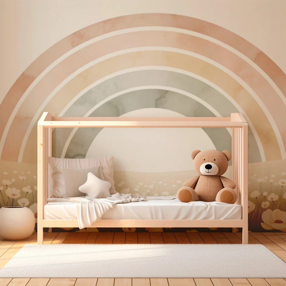Papel de parede quarto bebê | Пастелен дъга върху нежно поле с цветя