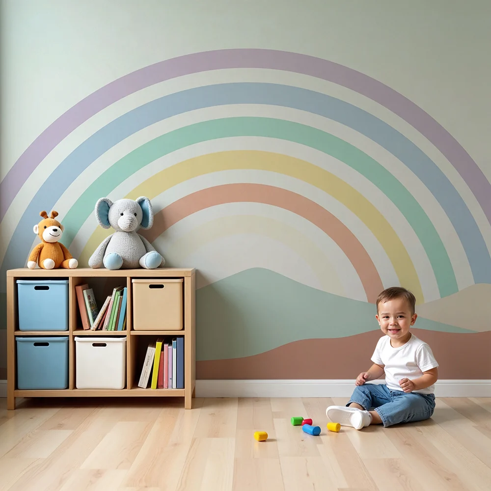 Papel de parede quarto bebê | Пастелената дъга върху нежна пейзажна