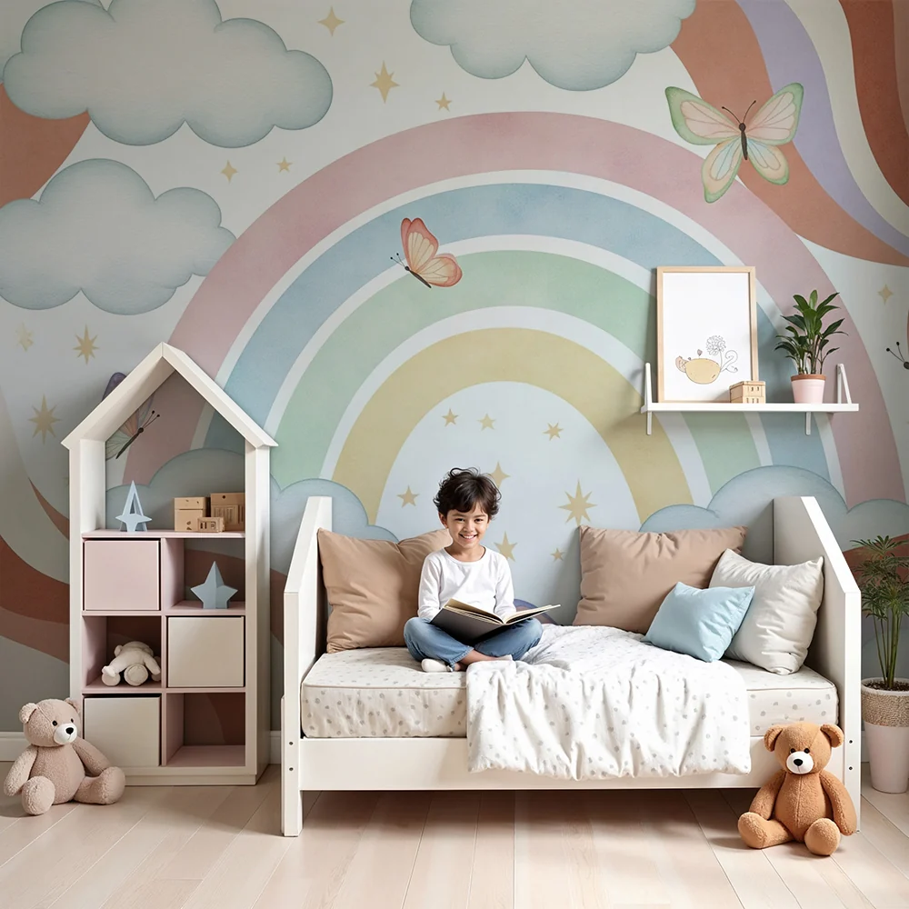 Papel de parede quarto bebê | Пастелни дъги и пеперуди в облачно небе