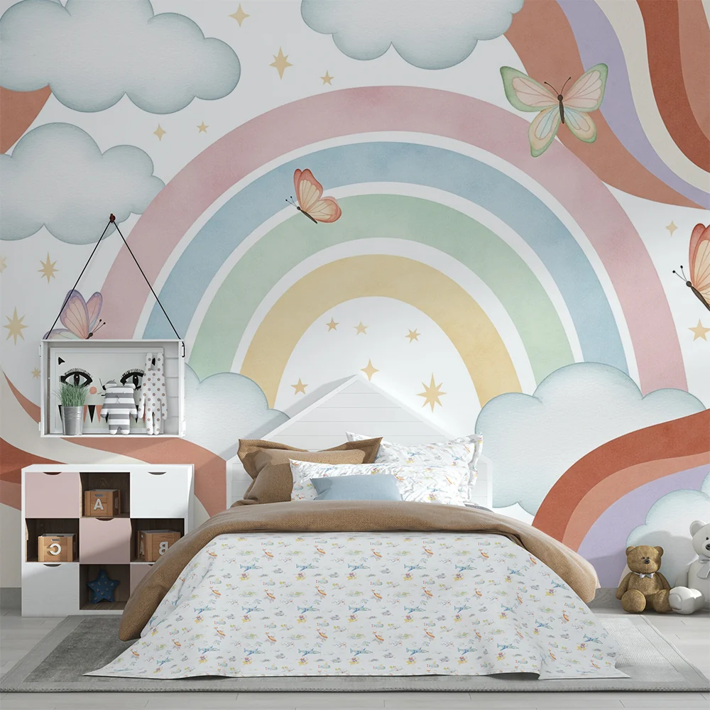 Papel de parede quarto bebê | Пастелни дъги и пеперуди в облачно небе