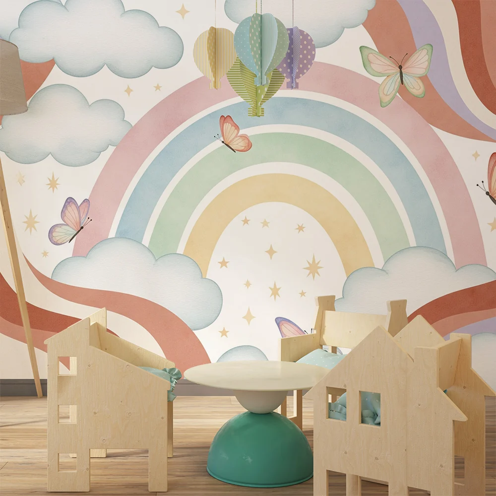 Papel de parede quarto bebê | Пастелни дъги и пеперуди в облачно небе