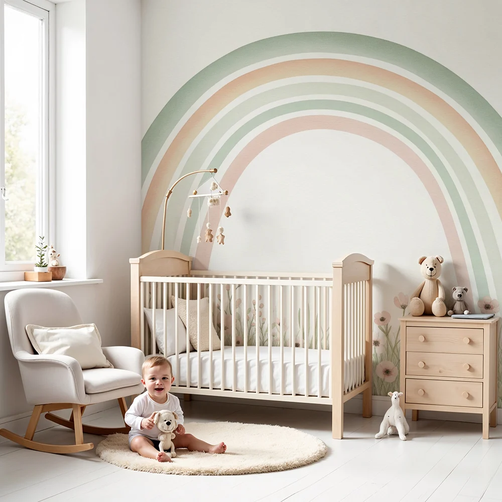 Papel de parede quarto bebê | Пастелен дъга и диви цветя