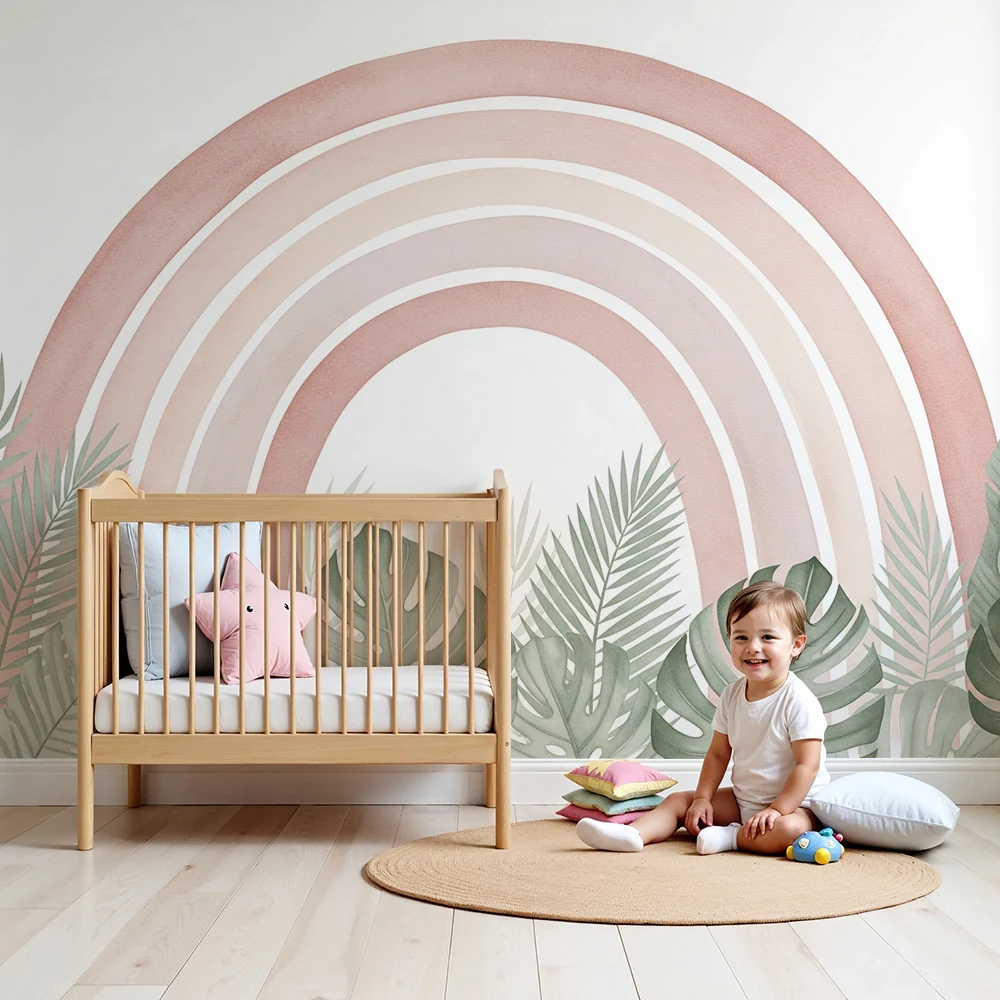 Papel de parede quarto bebê | Пастелна дъга пред красива тропическа листва